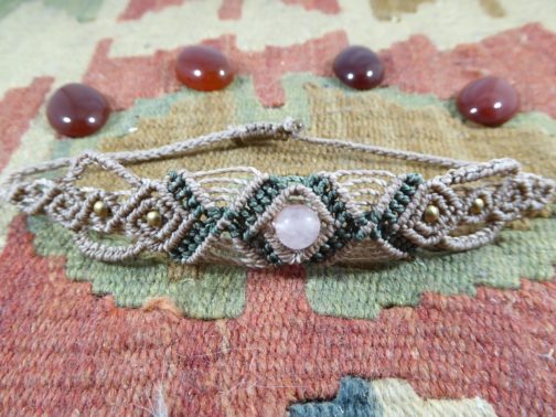 Bracelet fin macramé taupe quartz rose