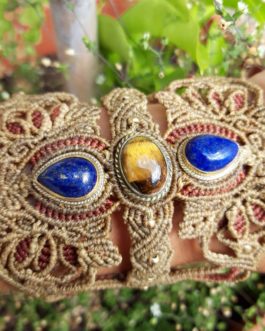 Bracelet manchette macramé oeil-de-tigre lapis-lazuli marron rouge Ânkhti