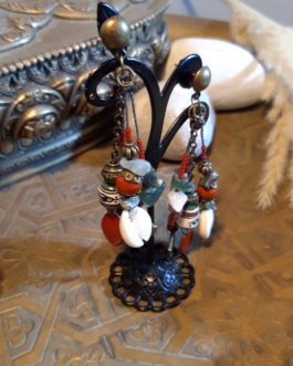 Boucles pendantes agate indienne cauris jaspe rouge